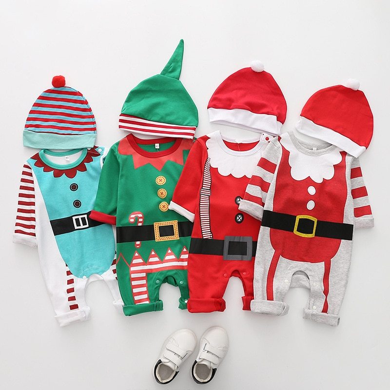 Christmas Baby Outfit – Santa, Elf & Reindeer Rompers with Hat | Holiday Infant Bodysuit Set