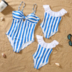 Matching Family Swimwear – Blue & White Striped Swimsuits for Mom, Dad, Boys & Girls