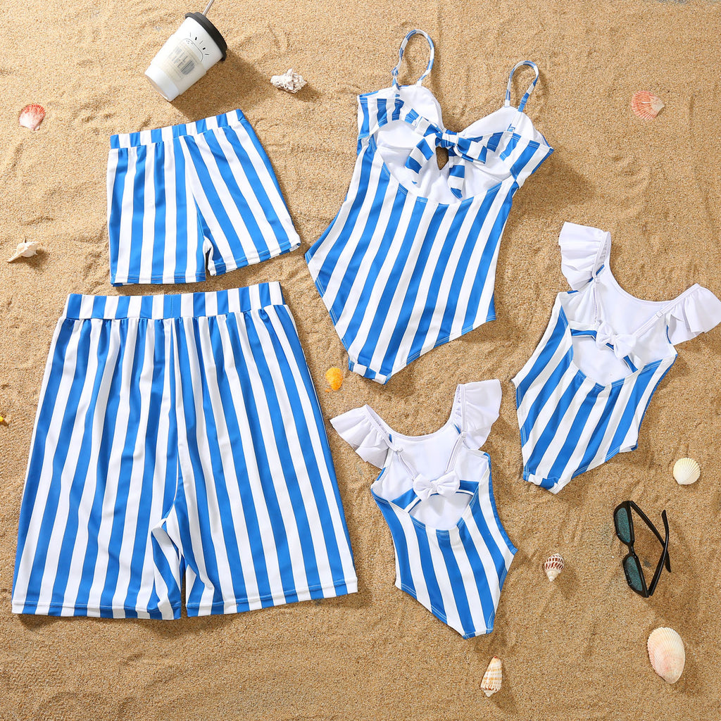 Matching Family Swimwear – Blue & White Striped Swimsuits for Mom, Dad, Boys & Girls