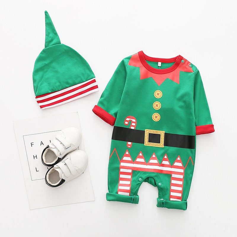 Christmas Baby Outfit – Santa, Elf & Reindeer Rompers with Hat | Holiday Infant Bodysuit Set