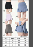 Collection of Alo pleated skirts in various colors with size chart below.