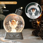 Decorative angel snow globe with lights and measurements, showing both with and without lights.