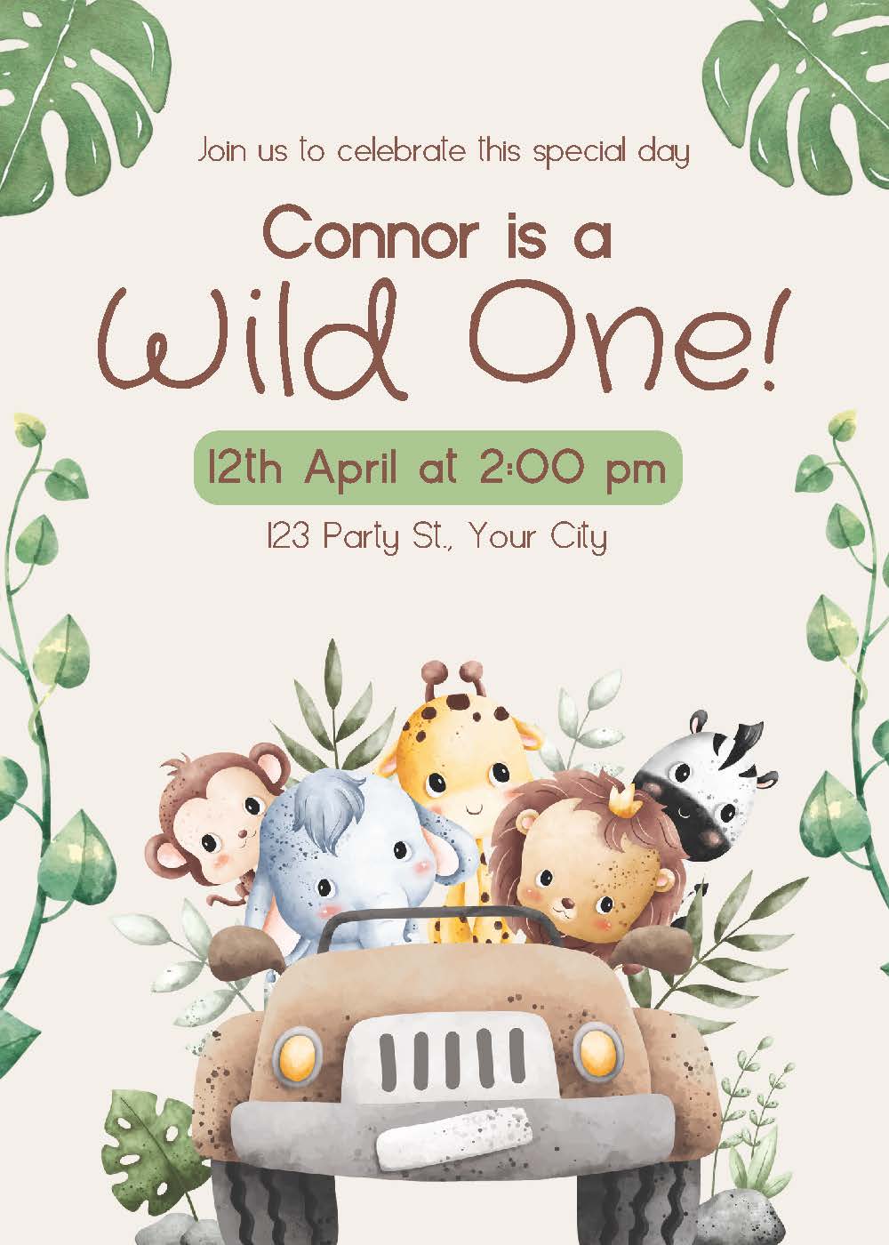 Editable First Birthday Safari Animals Birthday Invitation Template.