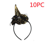 Black and gold witch hat headband with spider web design , labeled '10PC'.