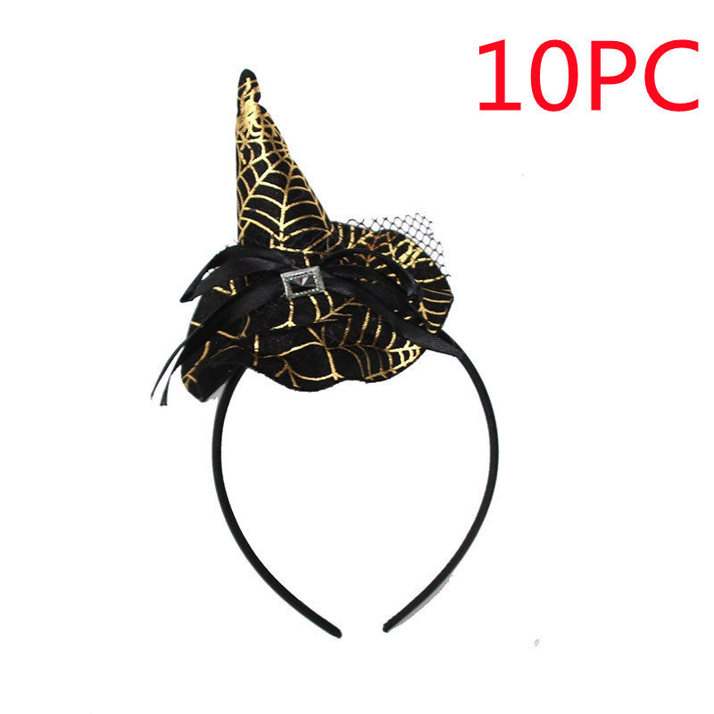 Black and gold witch hat headband with spider web design , labeled '10PC'.