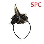 Black and gold witch hat headband with spider web design 5pc