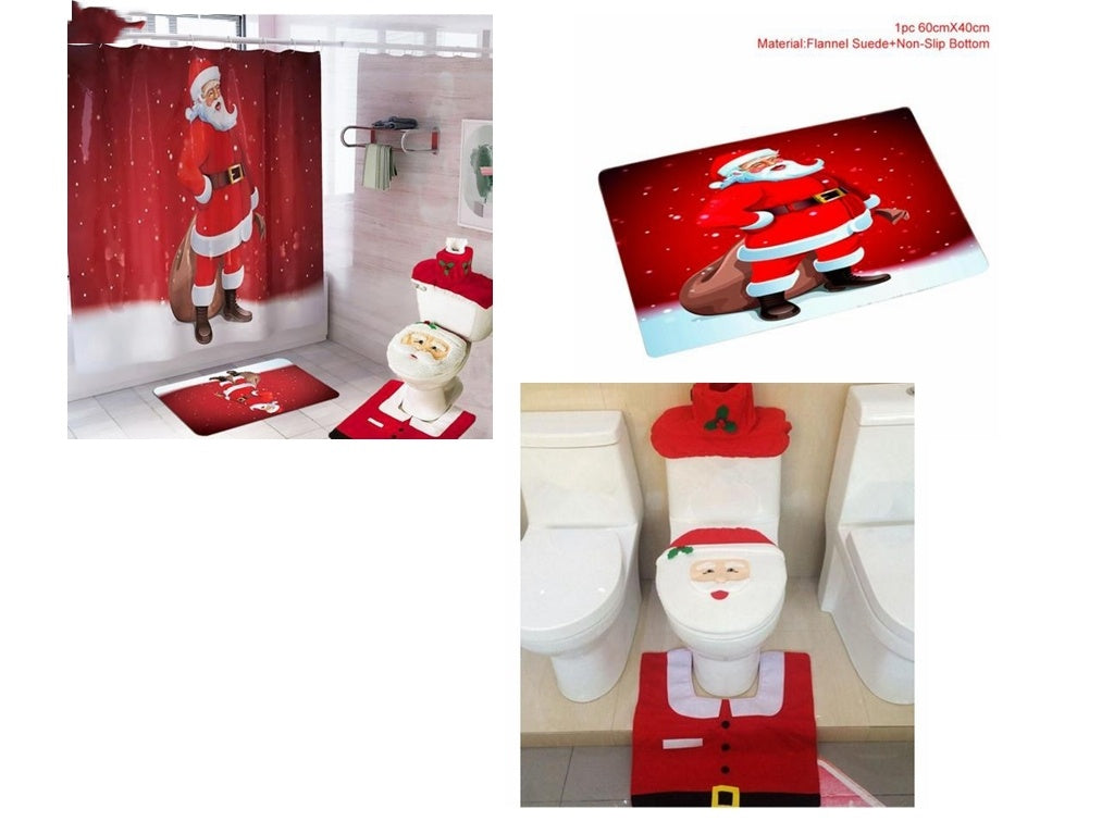 Set of Christmas-themed bathroom accessories including a shower curtain, rug, and toilet cover with Santa Claus design.