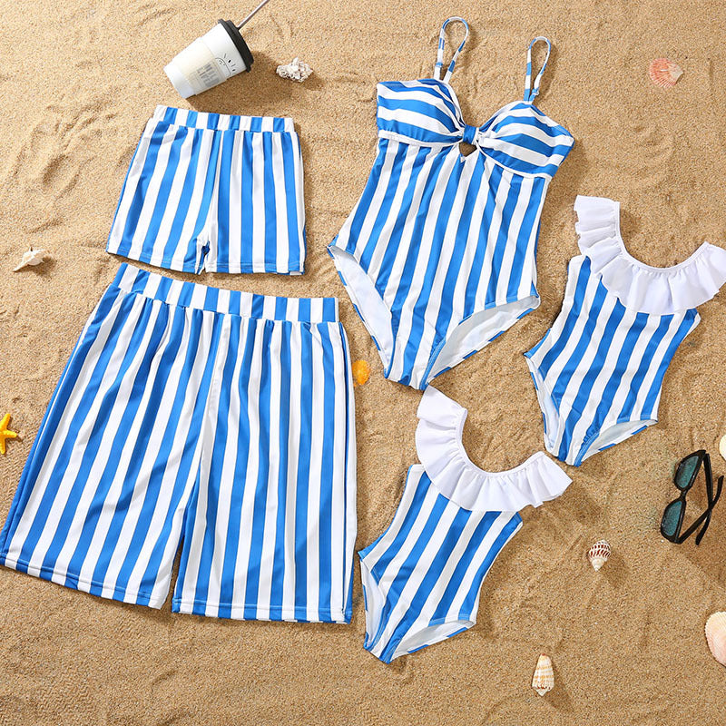 Blue and white striped swimsuits family matching set