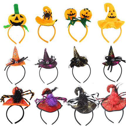 Set of Halloween-themed headbands with pumpkins, witch hats, and spider designs.