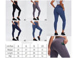 Collage of people wearing Lululemon leggings with a size chart at the bottom.