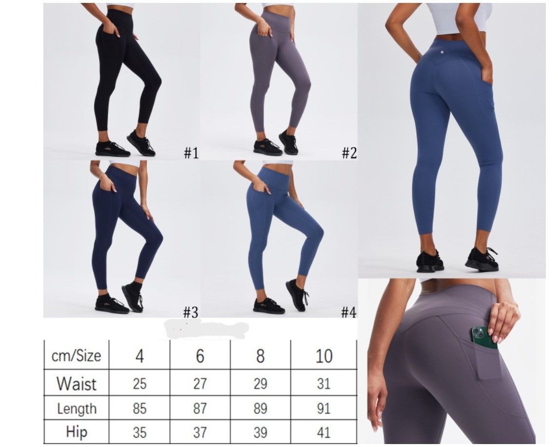 Collage of people wearing Lululemon leggings with a size chart at the bottom.