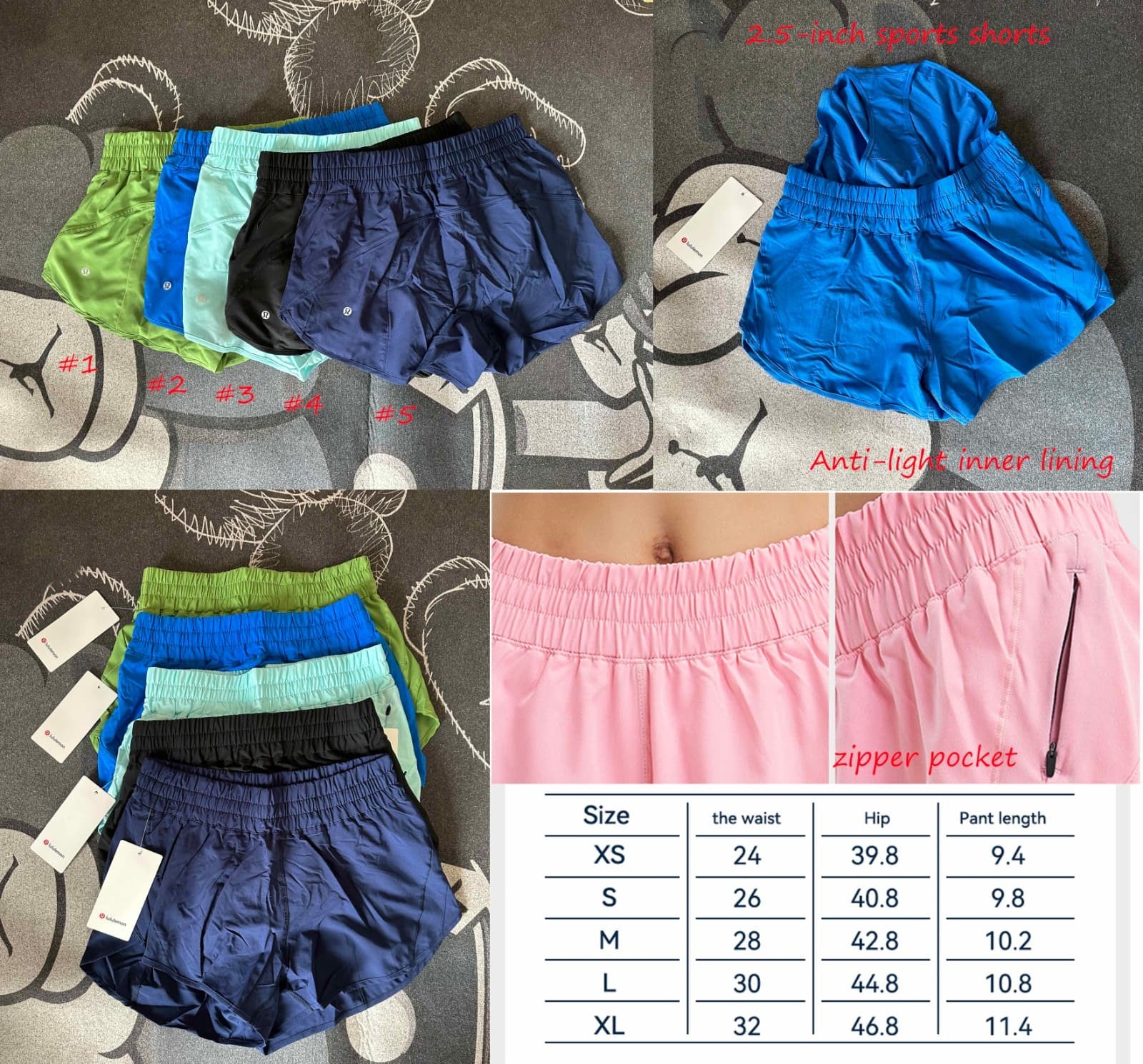 Collage of Lululemon shorts in various colors with size chart and details on a textured surface.
