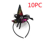 Halloween-themed witch hat headband with spider web design  labeled '10PC'.