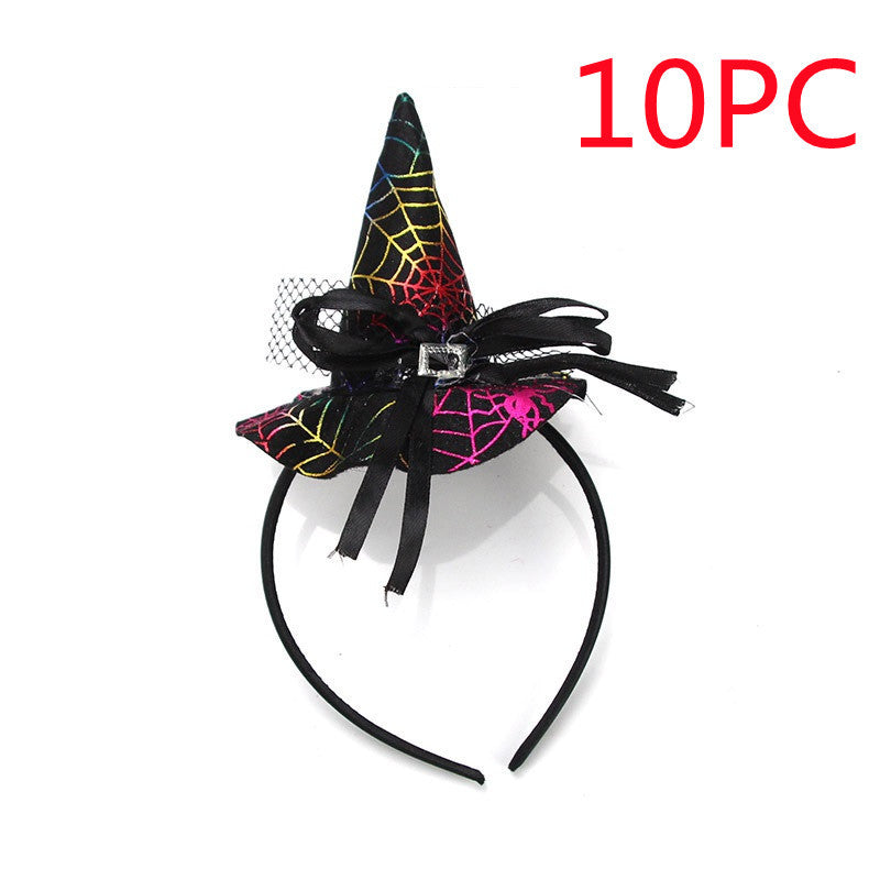 Halloween-themed witch hat headband with spider web design  labeled '10PC'.