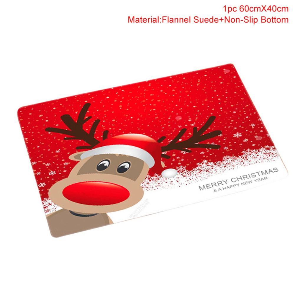 Red Christmas mat with reindeer design and 'Merry Christmas' text 