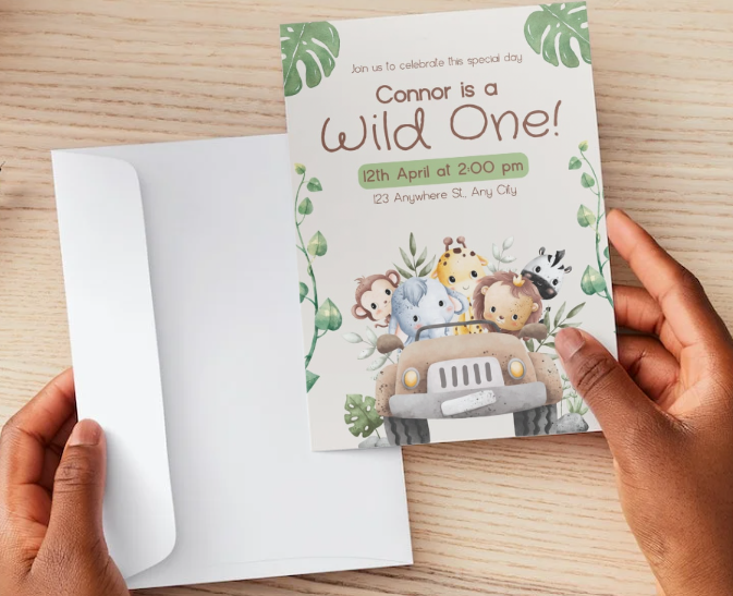 Editable First Birthday Safari Animals Birthday Invitation Template.