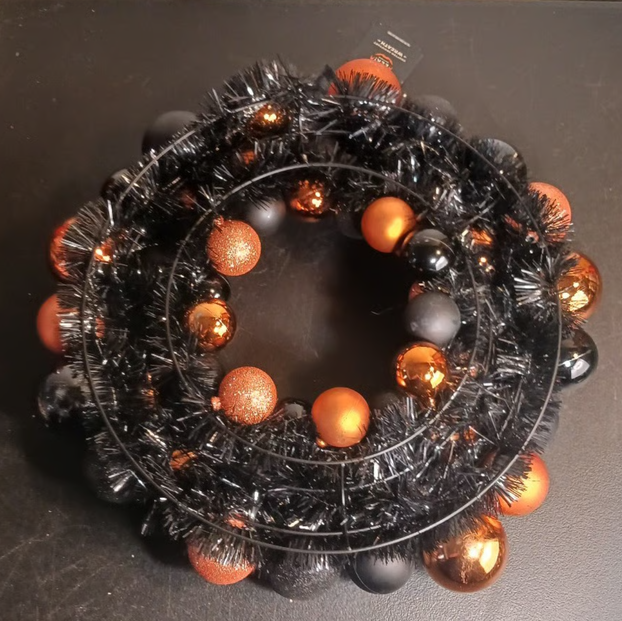 Hyde & EEK! Halloween Wreath – Black & Orange Shatterproof Pumpkin Ball Decoration (16”)