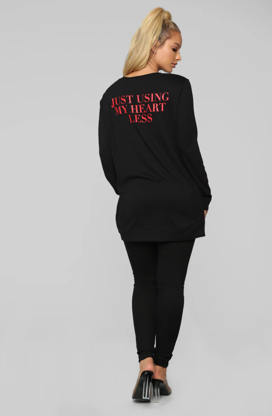 Fashion Nova “I’m Not Heartless / Just Using My Heart Less” Tunic – Size M – NWT