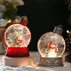 Two Christmas-themed snow globes with Santa and a snowman inside, set against a festive background.