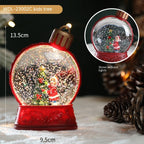 Red snow globe with a Christmas scene, showing measurements and an inset of the scene without lights.