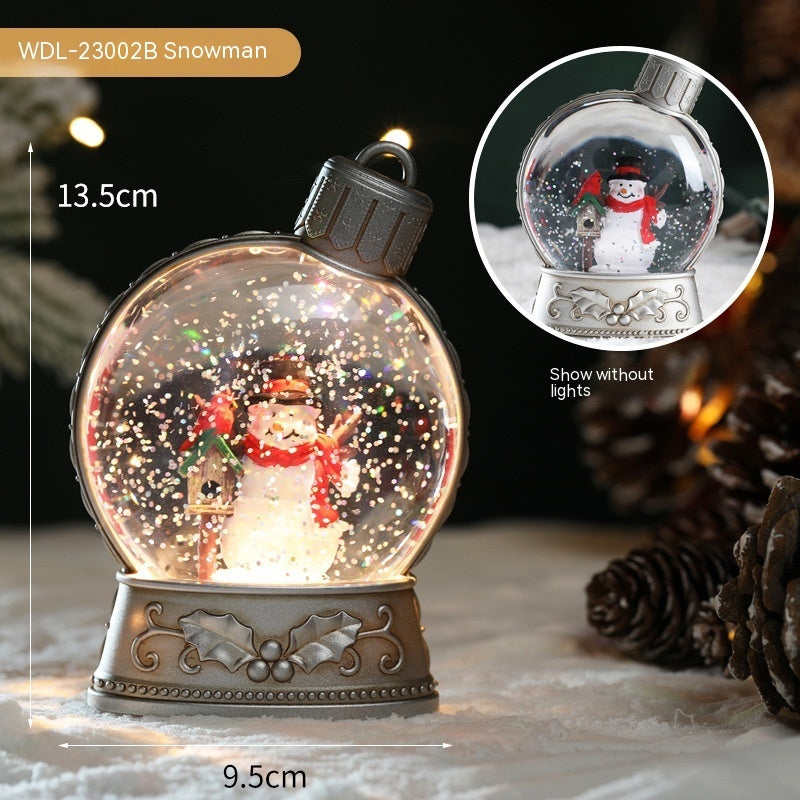 Decorative snowman snow globe with lights, showing measurements and a close-up of the snowman inside.