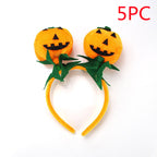 Two pumpkin headbands with green leaves  labeled '5PC'.