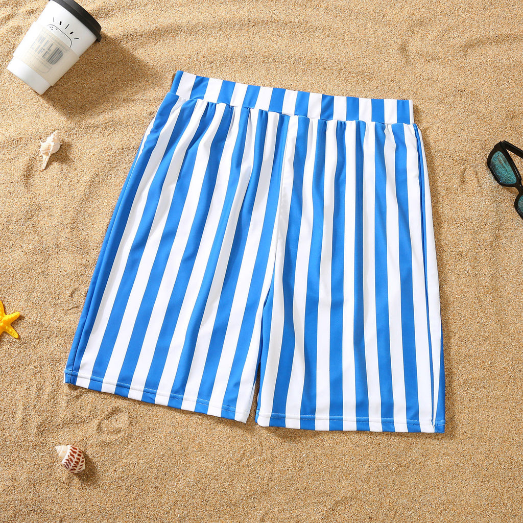 Blue and white striped shorts dad bathing suite matching family set