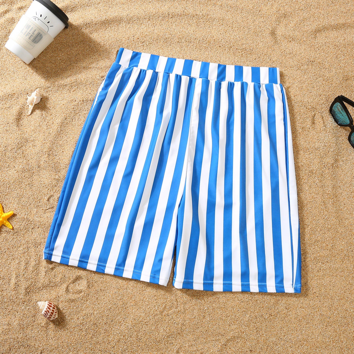 Blue and white striped shorts dad bathing suite matching family set