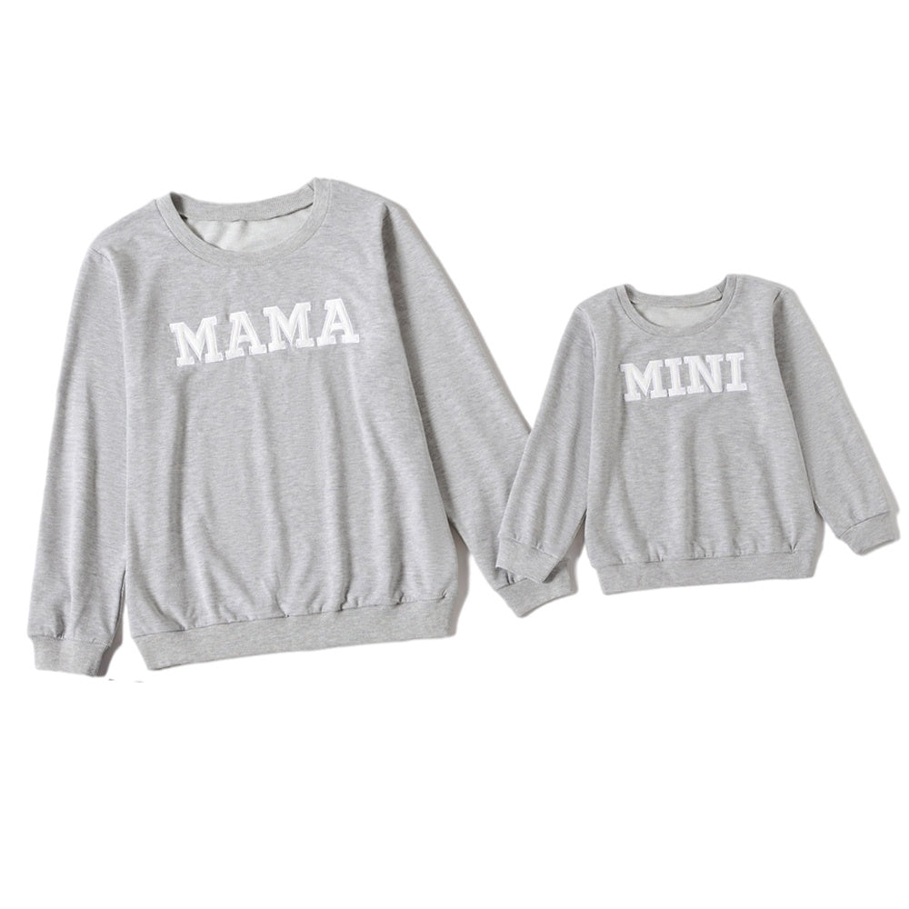 Gray sweatshirts with 'MAMA' and 'MINI' text