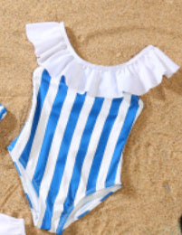 Blue and white striped swimsuit with ruffled mommys mini matching bathing suite