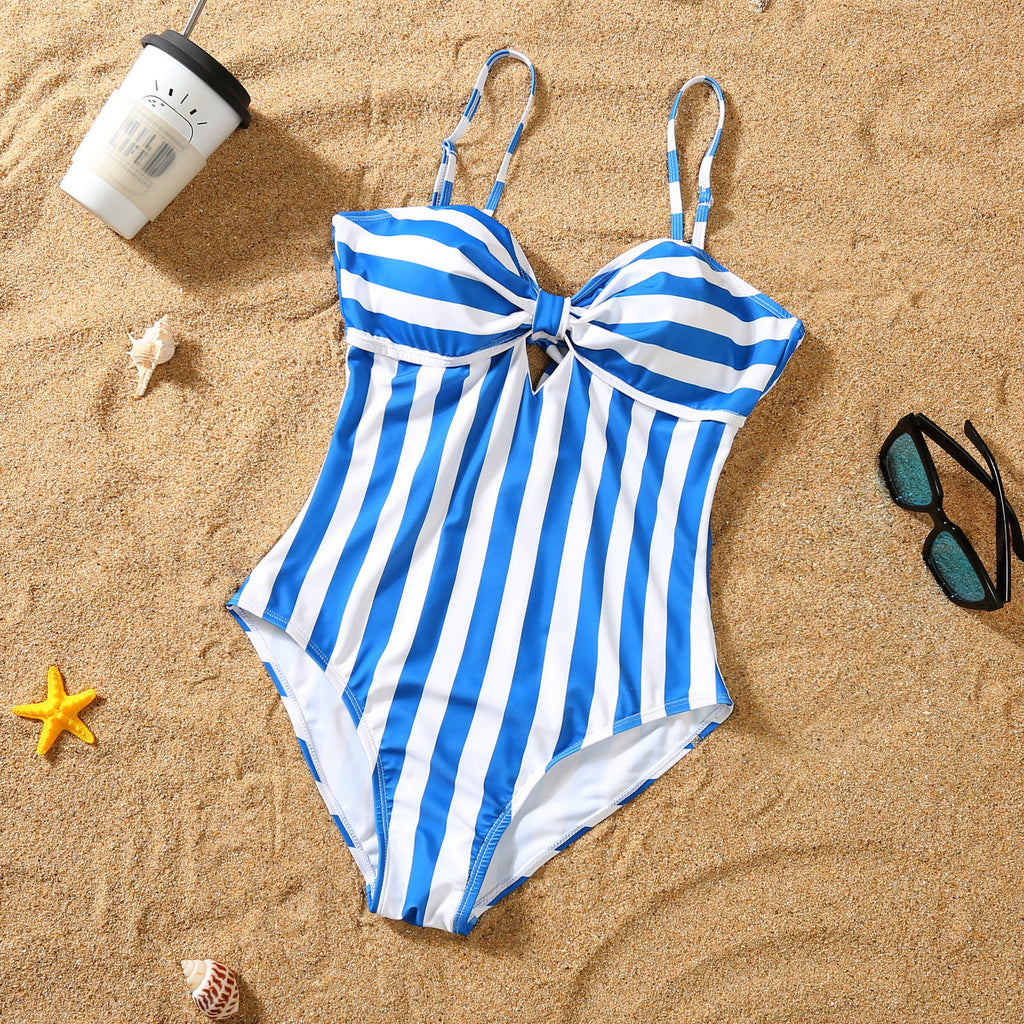 Blue and white striped swimsuit moms bathing suite family set